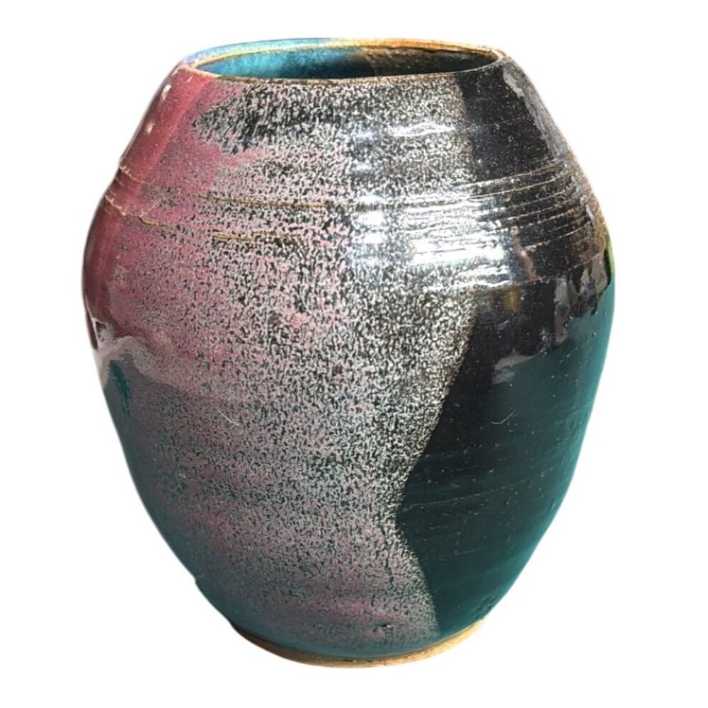 VTG Handmade Pink Black Gray BlueGlazed Stoneware‎ Vase Signed